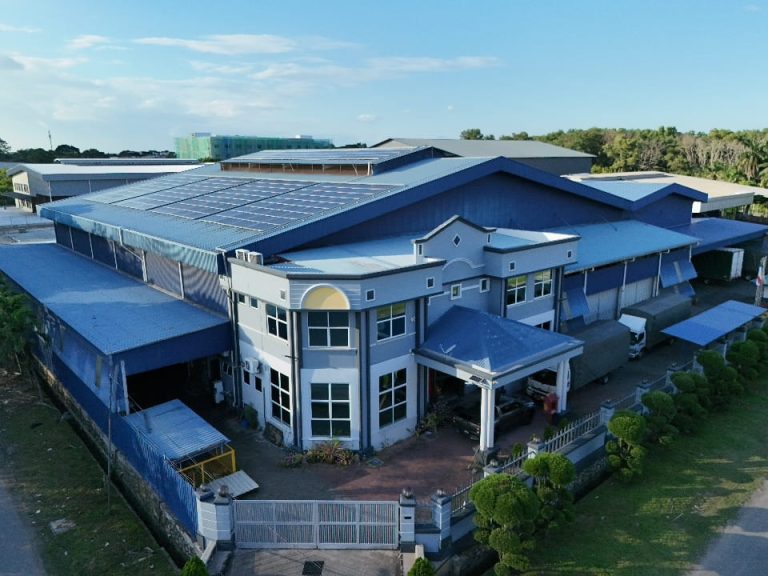 Aerial view of the First Multi Carton manufacturing facility with solar-panelled roof in Krubong, Melaka